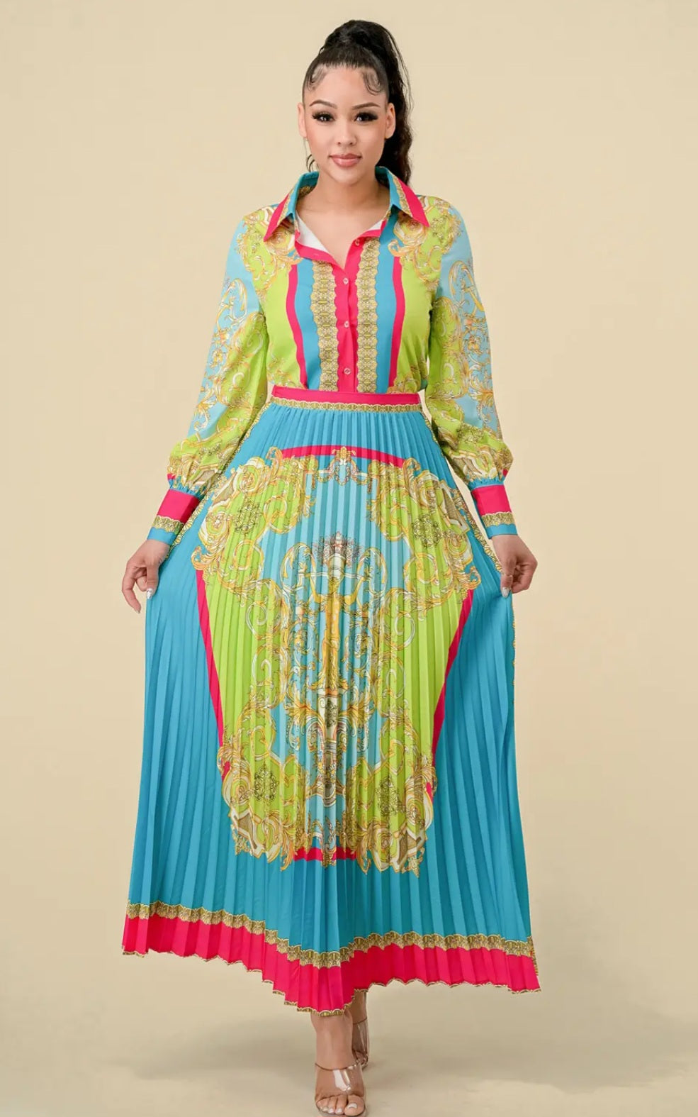 Classy Two Piece Blouse & Pleated Skirt