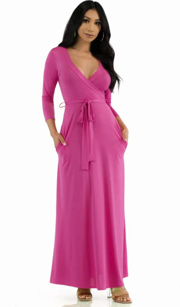 Solid Maxi Dress  (3/4 Sleeve) (Hot Pink)