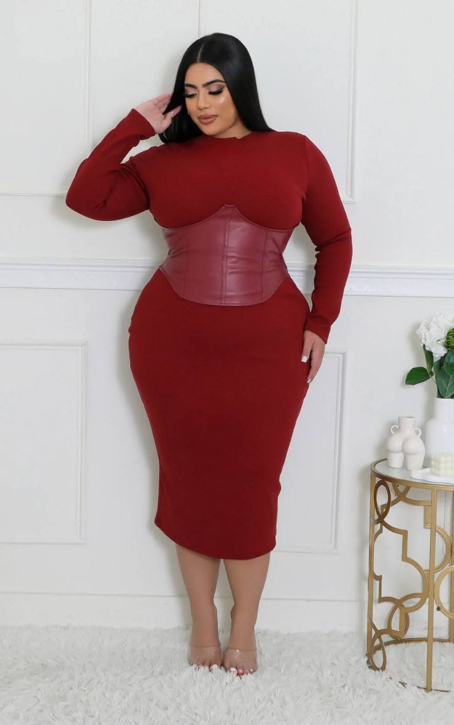 Burgundy Cinched Waist Midi