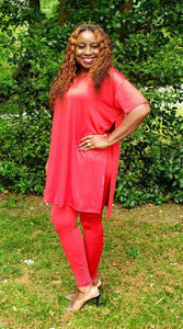 Two Piece Set w/ Oversized Top (Long Stretch Pants-Red)