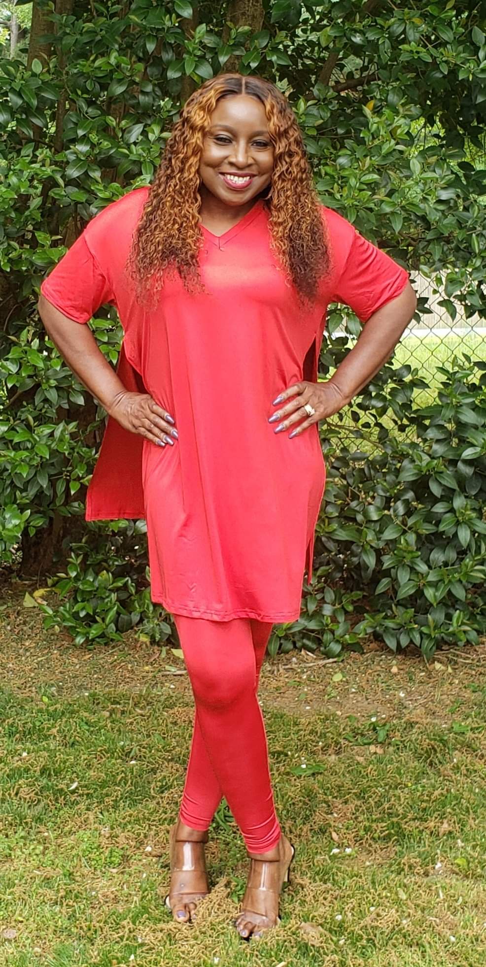 Two Piece Set w/ Oversized Top (Long Stretch Pants-Red)