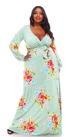 Maxi Dress w/ Front Slit (Mint Floral)
