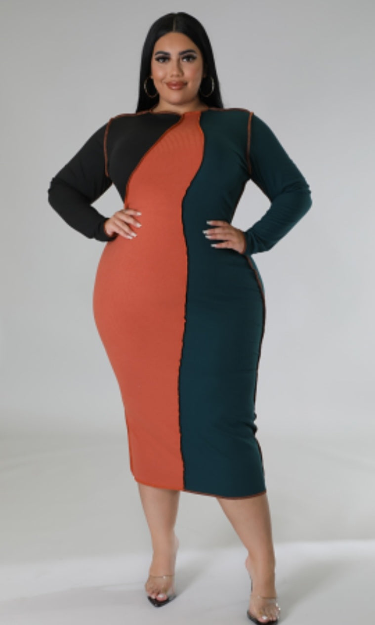 Color Block Dress(Green, Orange, Black)